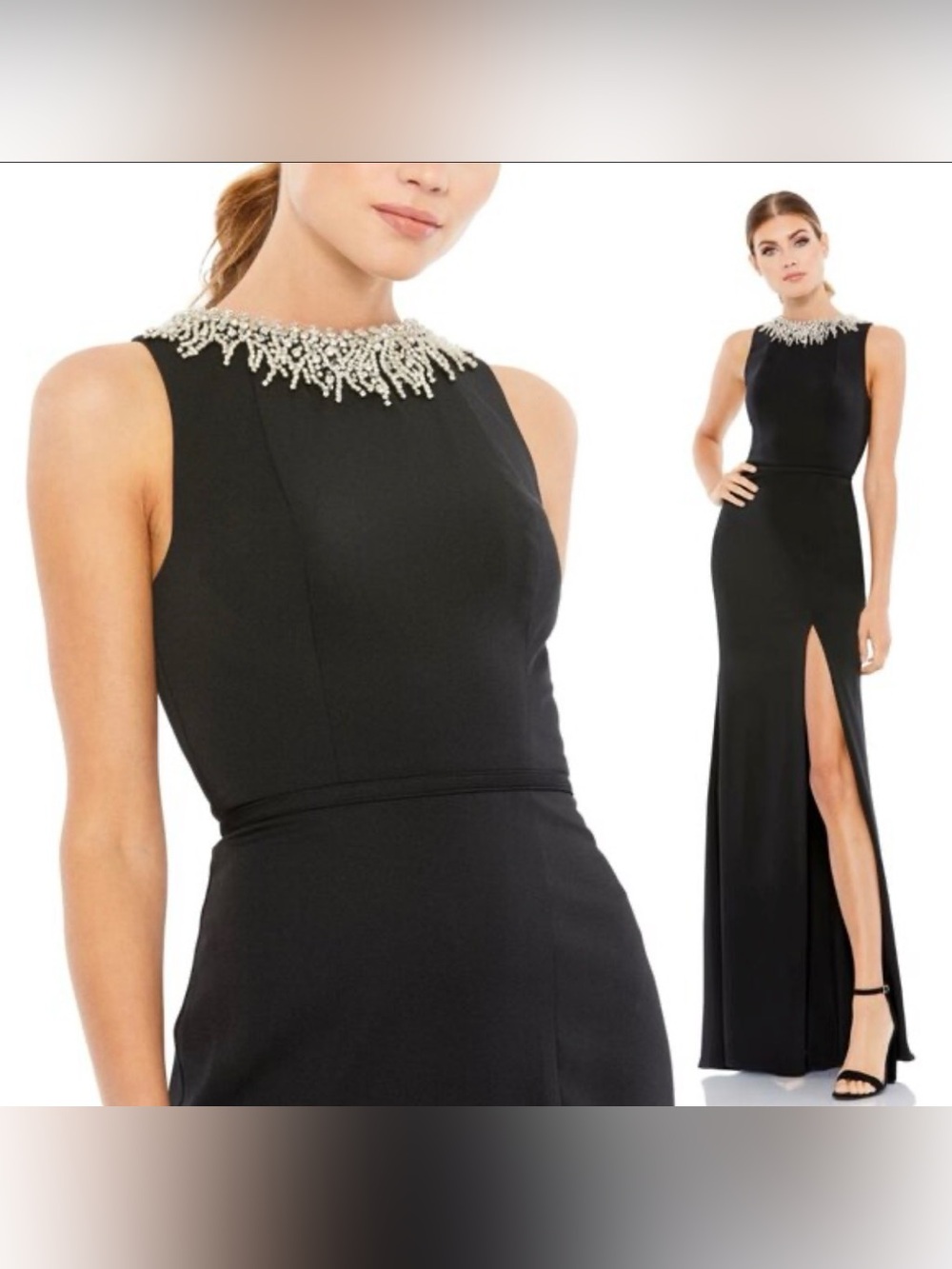 Mac Duggal Black Strapless Dress with Pearl-Beaded Necklace Collar